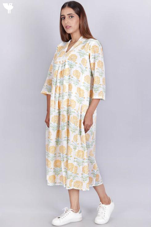 Mulmul Cotton Dress In Floral Block Print